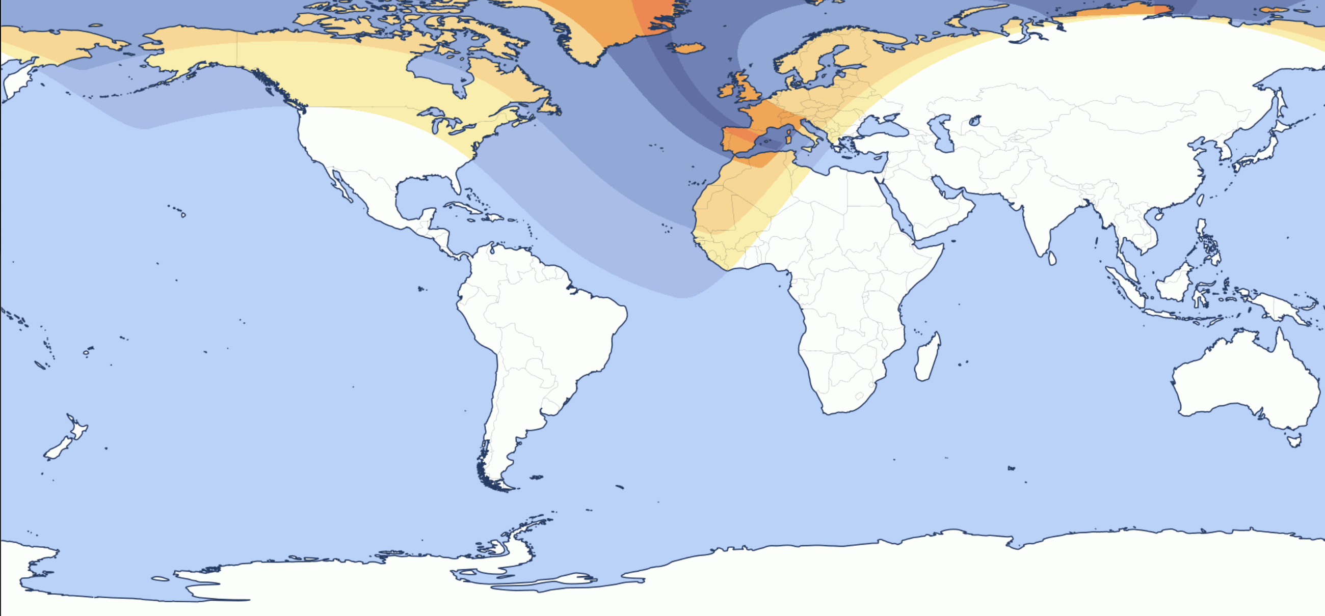 World map showing the visibility of the total solar eclipse of August 12th 2026, with the path crossing Greenland, Iceland, and Spain.